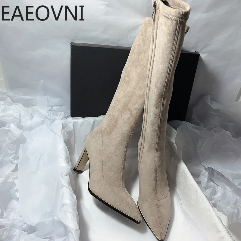 

Winter Suede Long Boots Women Shoes Fashion Pointed Toe Knee High Bootties Ladies Sexy Thin High Heel Shoes