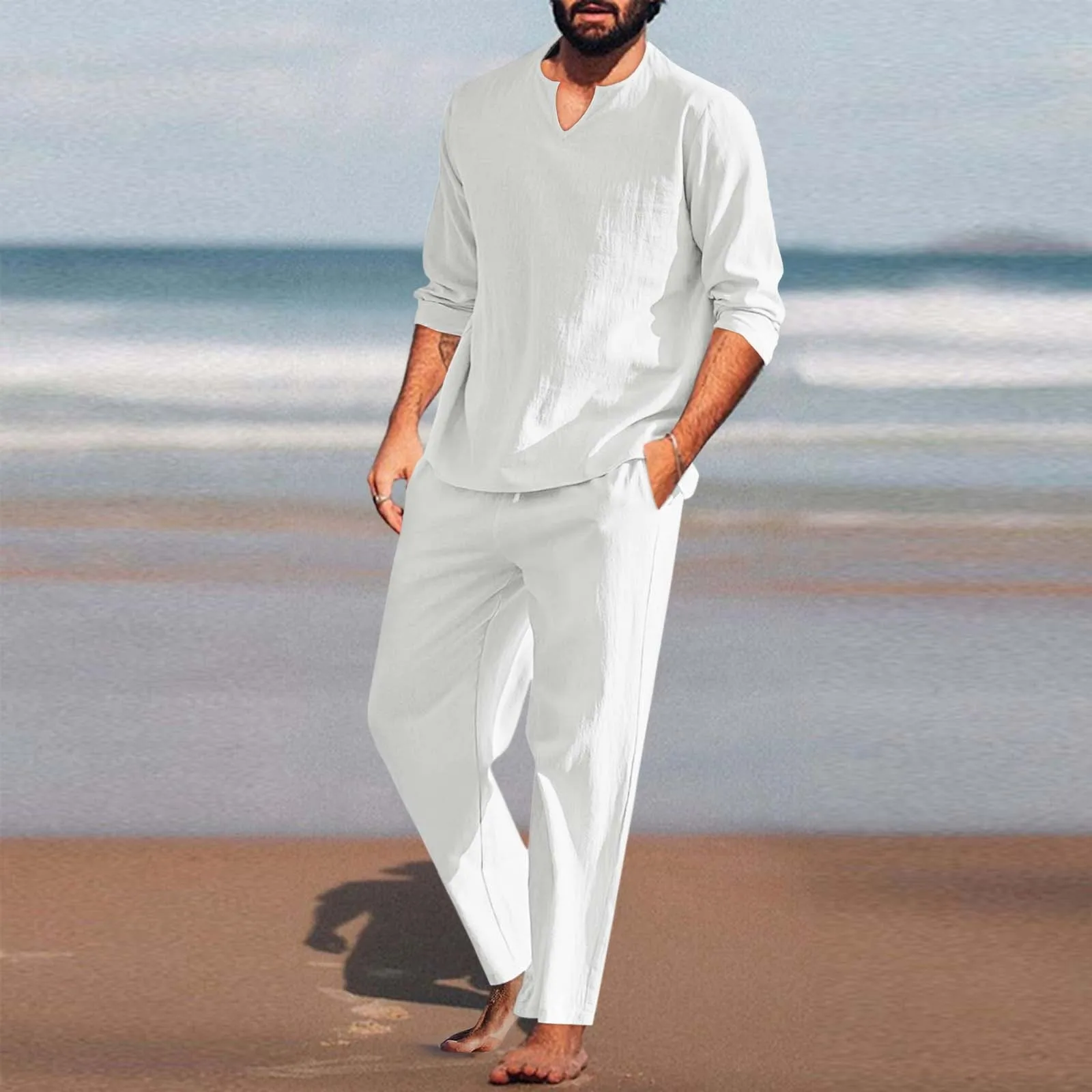 

Leisure Cotton Linen Set Pure Color Henley Shirt Long Sleeve Shirts Casual Beach Pants Summer Yo-ga Outfits Slim Suit Male Set