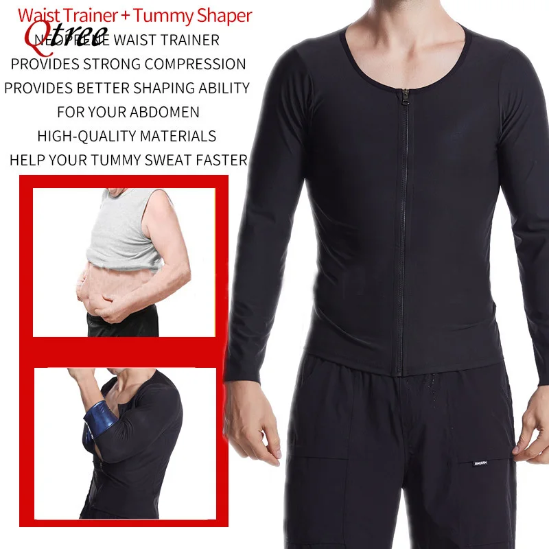 Sauna Waist Trainer for Men Weight Loss Sheath Long Sleeves Tops Sweat Shapewear Shirt Slimming with Zipper Thermal Body Shaper