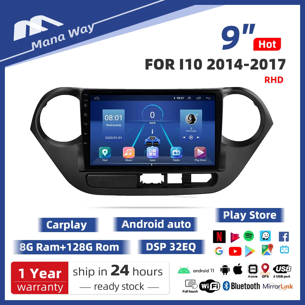 

9 дюймов RHD Android для Hyundai I10 2014-2017 головное устройство CarPlay Автомагнитола стерео Мультимедиа видео MP5 плеер навигация GPS 2Din