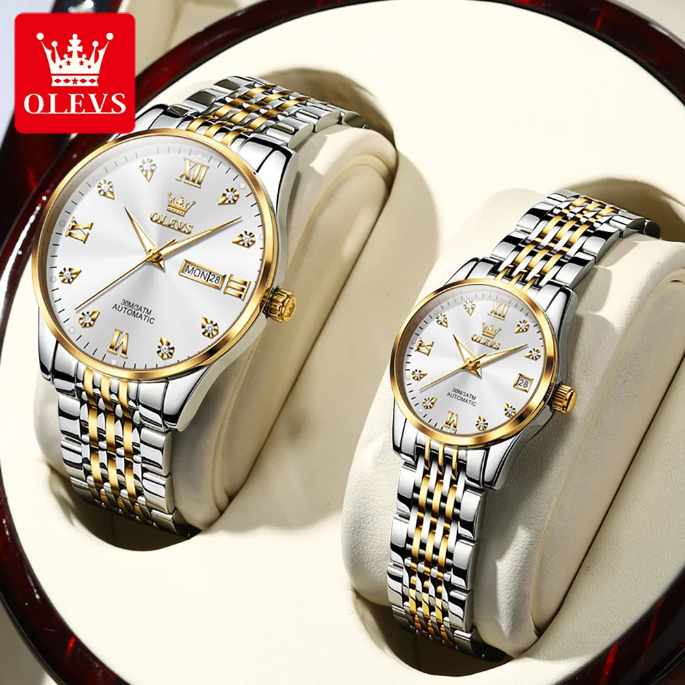 OLEVS 6673 Full-automatic Automatic Mechanical Watches for Couple Fashion Waterproof Stainless Steel Strap Couple  Wristwatches