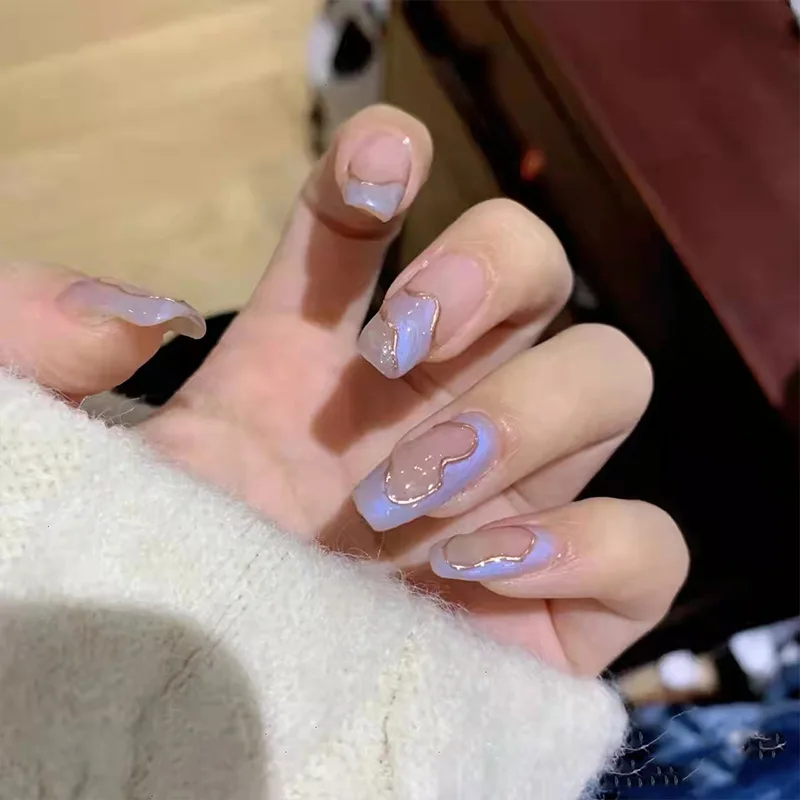

24pcs/box Light purple block False Nail Medium Full Cover Golden Stripe False Nail Tip For Women Girls
