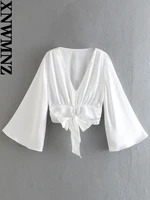 nwmnz 2022 women fashion knot decoration silk satin texture top woman retro v neck bat sleeves female chic top