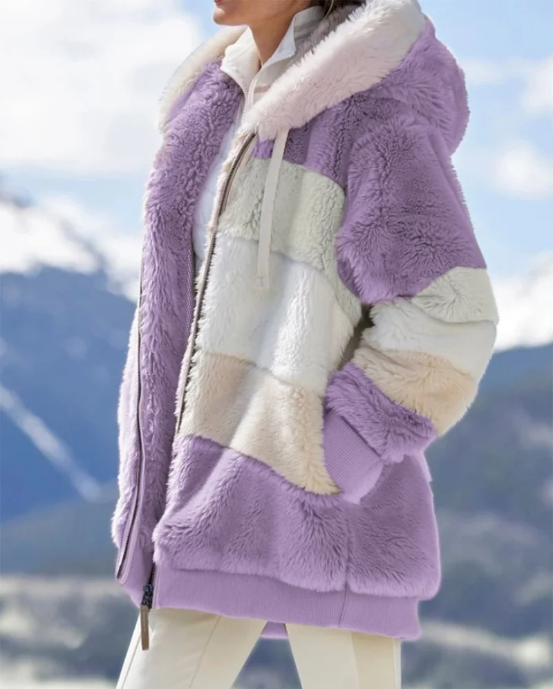 Women Hooded Jackets Winter Fleece Warm Zipper Casual Patchwork Coats Faux Fur Long Cardigan Jacket Womens Relaxed Warm Outerwer