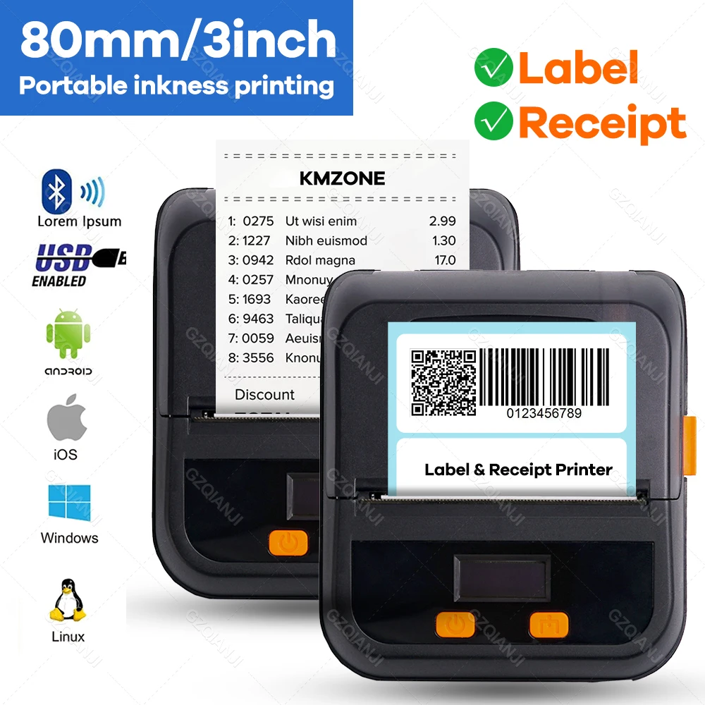 

3 Inch Portable Thermal Label Maker & Receipt Printer Bluetooth USB Mobile POS Printer Food Storage impressora termica 80mm