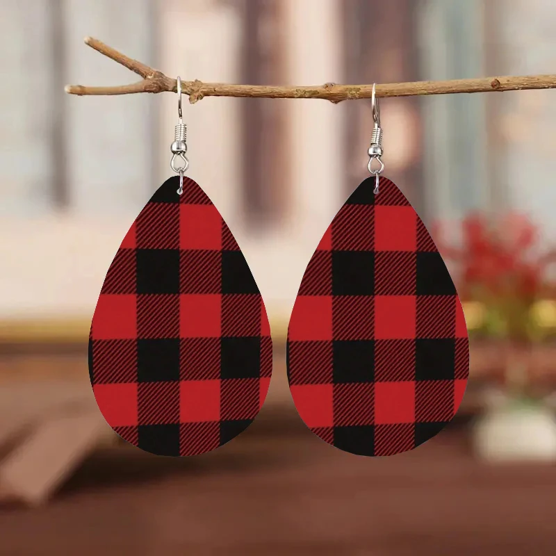 

1Pair Bohemian Fashion Style PU Leather Droplet Earrings with Checkered Print for Men and Women's Daily Wear Ear Jewelry Creativ