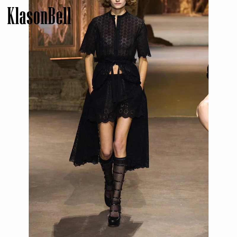 

1.9 KlasonBell Runway Fashion Black Hollow Out Embroidery Bow Decoration Midi Dress Women