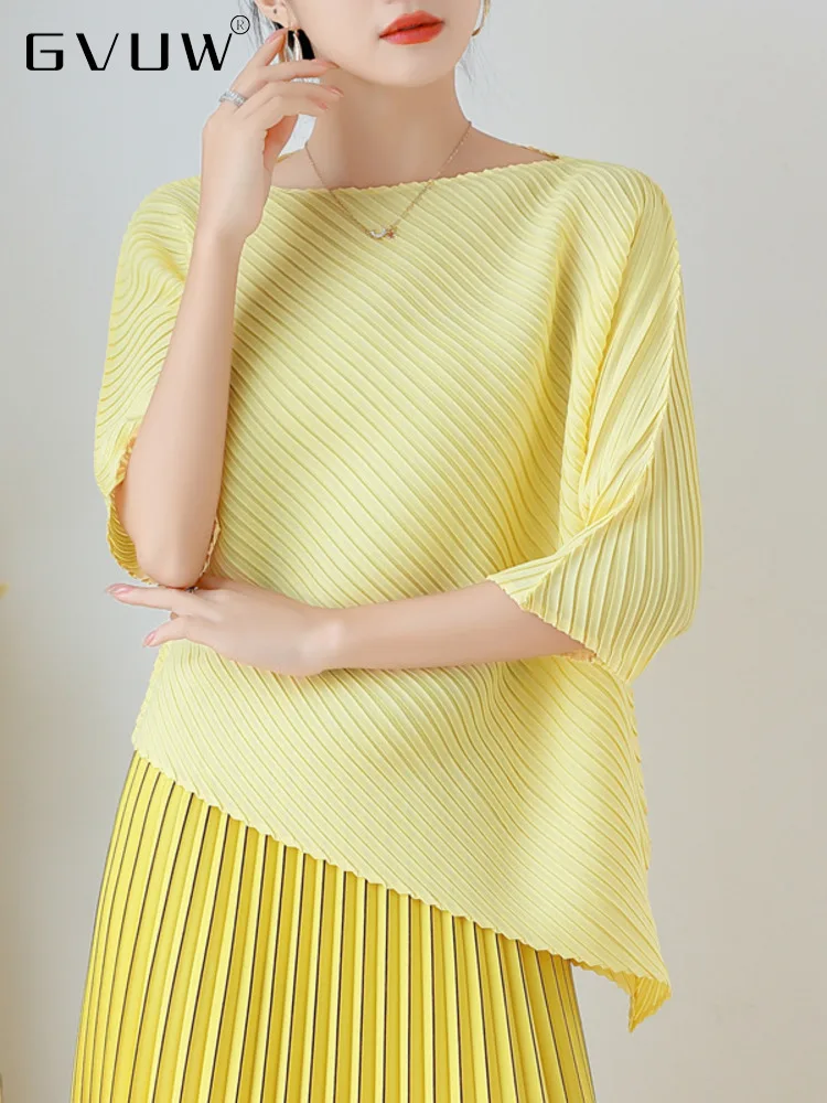 

GVUW Women Pleated Irregular Solid Color T-shirt Three Quarter Sleeve Round Collar Pullover 2023 Summer Female New Top 17C227