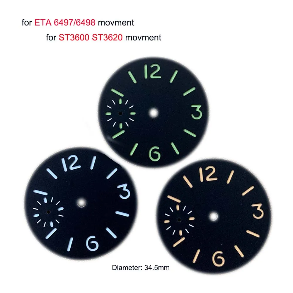 

Циферблат для часов ST 34,5 ST3620, зеленый светящийся циферблат для часов ETA 3600, 6497 движений, модифицированные детали, 6498 мм