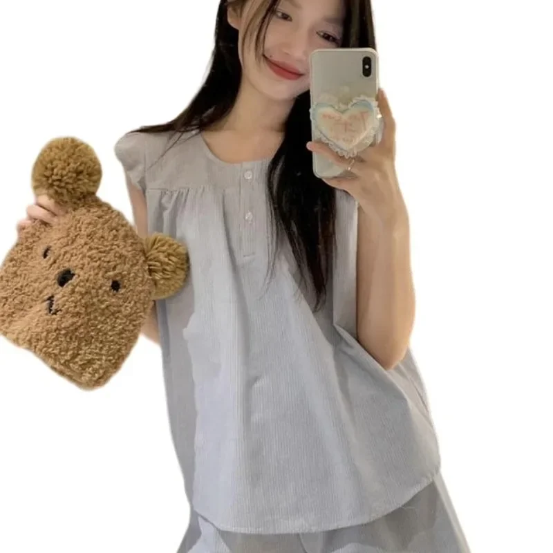 Новинка лета 2024 хлопковая женская одежда для сна с синей полоской и v-образным