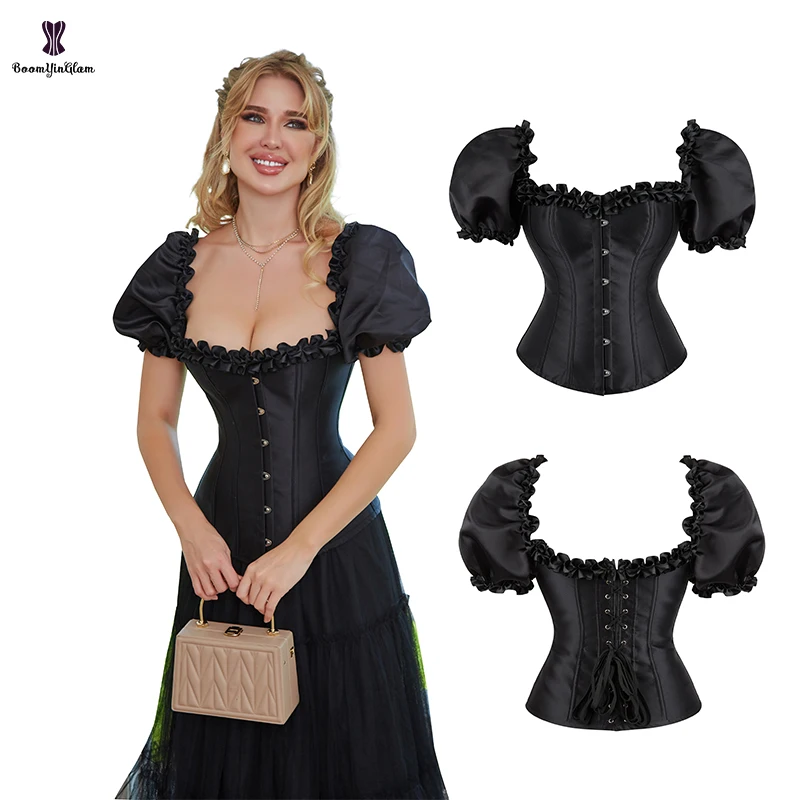 Solid Black Satin Corselet 12 Plastic Boned Lace Up Corset Top With Short Sleeve Plus Size S-6XL Burlesque Gothic Korset Women