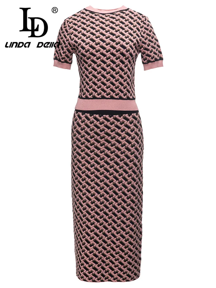 

LD LINDA DELLA Summer Fashion Designer Vintage Print Skirt Set Women O Neck Top+Elastic Waist Package Buttocks knit 2 Pieces Set