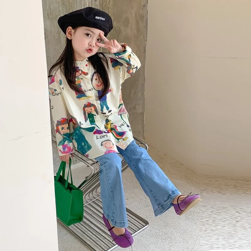 

Shirt Clothes Sale 2022 Cartoon Stand-up Shirt Fashionable Autumn Blouse Girl's Shirt Collar New Hot Graffiti Fun Girls'