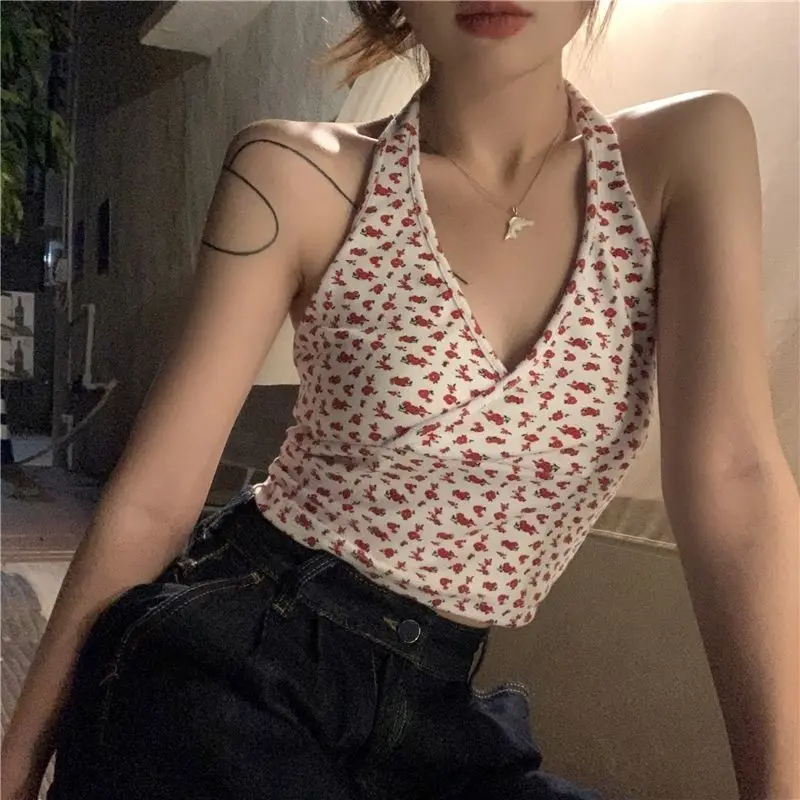 

HOUZHOU Y2k Harajuku Crop Top Sexy Cute Sweet Summer Sleeveless Tank Tops Korean Fashion Backless Camis Floral Print 2022 New