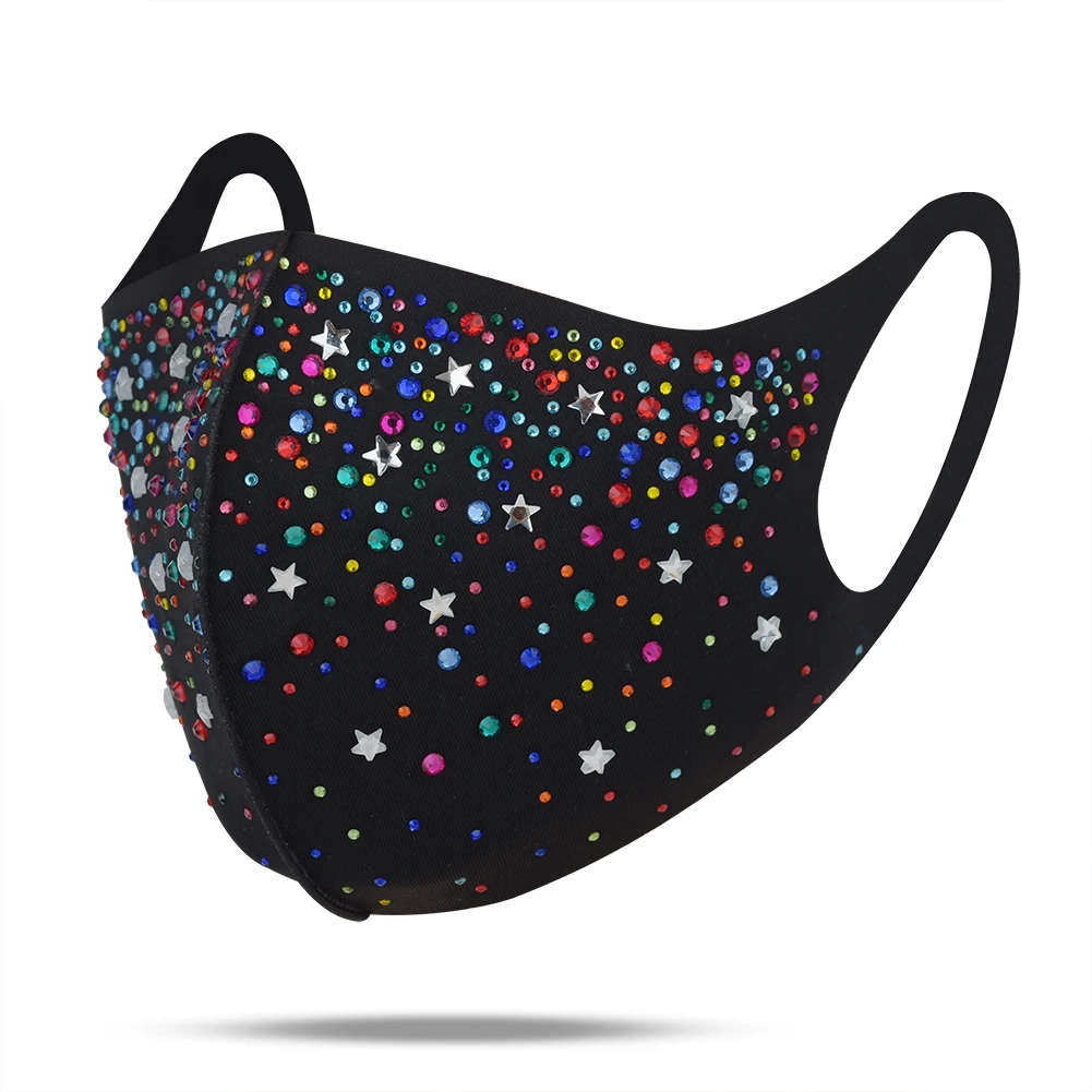 

Fashion Woman Multicolor Bling Rhinestones Facemask Reusable Washed Pure Cotton Fabric Masque Halloween Cosplay Party Decoration