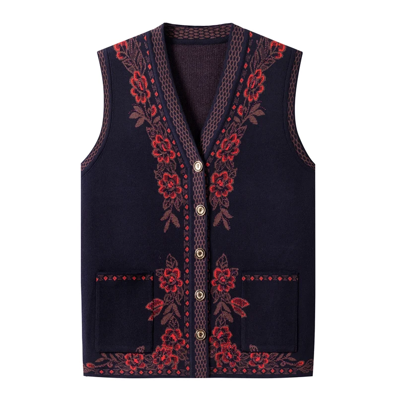 Middle-aged Elderly Vest Sweaters Women Clothing Spring Autumn Knitted Sweater Wasitcoats Grandma Cardigan Coats FP219