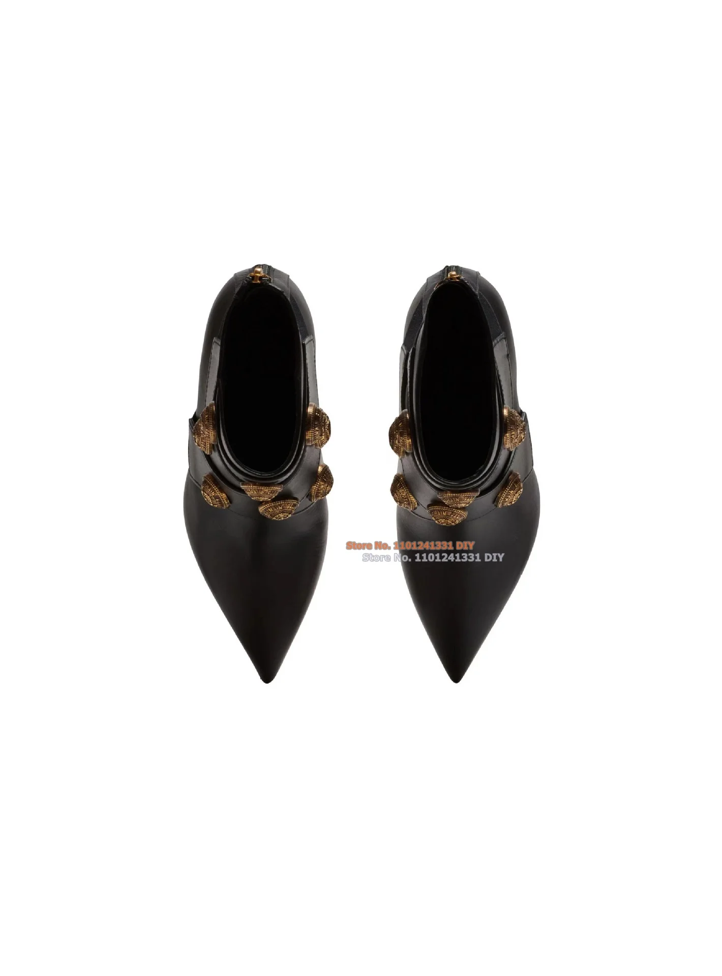 Beige Leather Button-Embellished Ankle Boots Golden Medallion Studs Short Boots Women Pointed Toe Thin High Heel Party Shoes