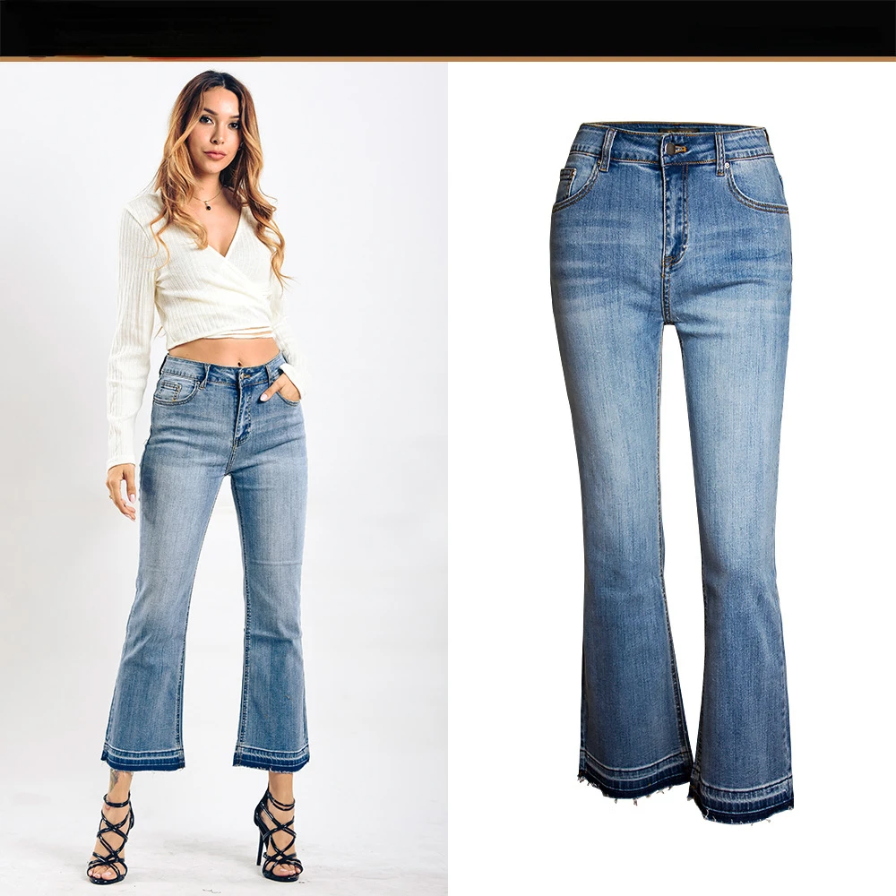 

European and American Cross-border Women's Washed Elastic Jeans Women's Loose Wide-leg Nine-point Pants Micro Flared Pants Women