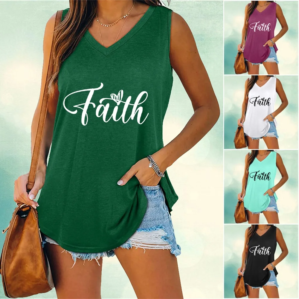 

Women Fashion Sleeveless Top Casual Letter Print Shirt Summer V Neck Vest T-shirt Laides Loose Tank Top