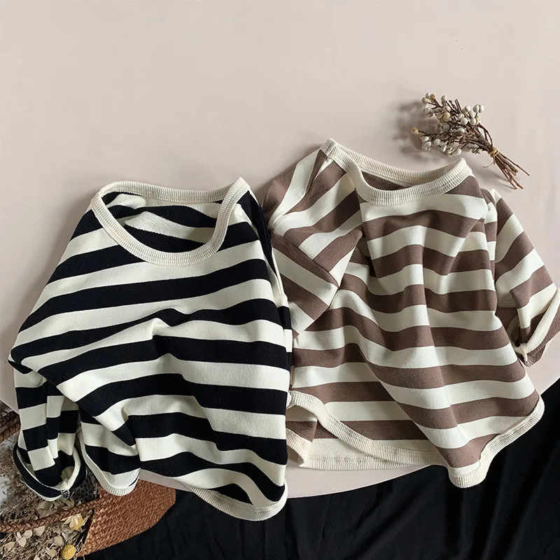 2022 Spring Autumn New Children Casual T Shirt Loose Kids Striped T Shirts Cotton Tee Boys Girls Long Sleeve Tops Baby Clothes
