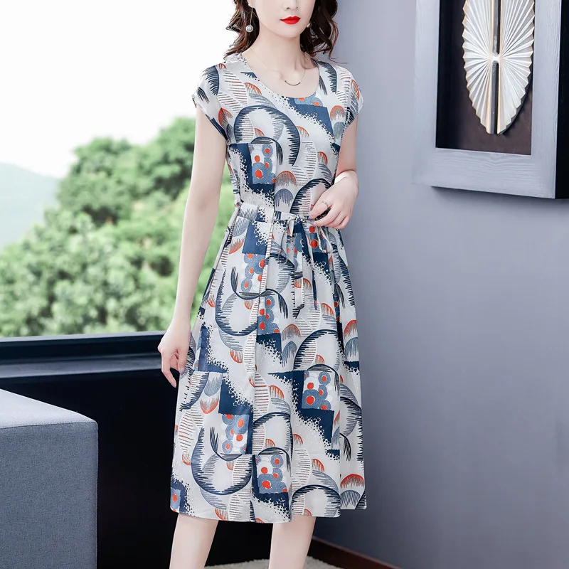 

High-end Ladies Summer Clothes Faux Silk Print Fashion Dress Loose Large Size Mid-length Women Dresses New 2022