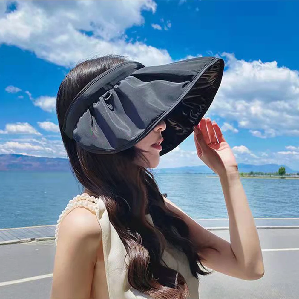 

Summer Portable Foldable Wide Large Brim Sun Hat Beach Hats For Women Empty Top Visors Cap Hair Accessories Dual-Use Headband