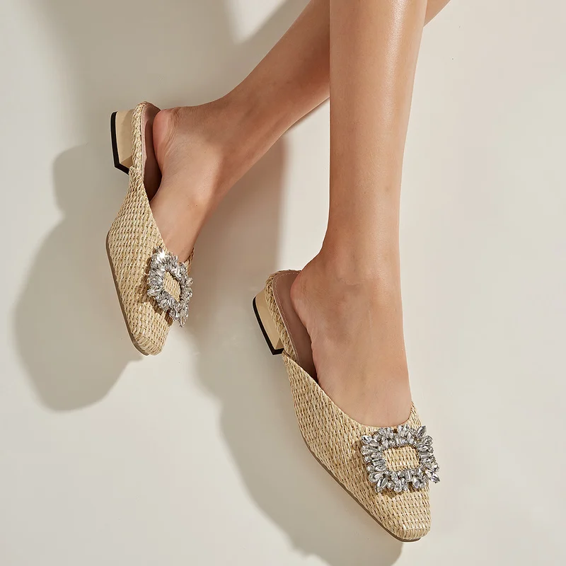 

String bead round buckle flats ballet shoes women slip on shallow mouth moccasins pearl pointy toe mixed colors fabric ballerina