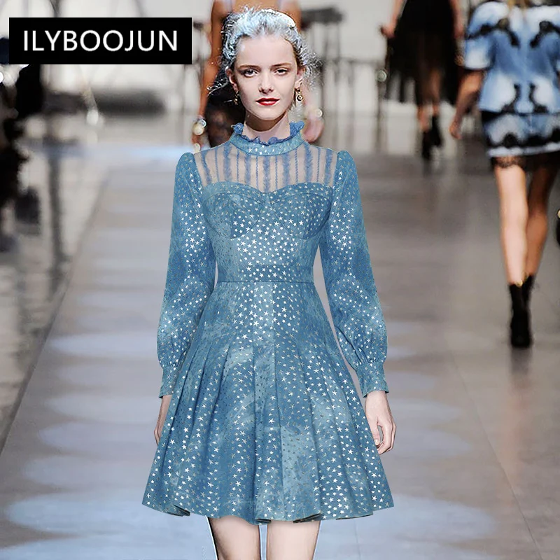 

Fashion Designer dress Autumn Women Dress Mesh Patchwork Stand Collar Lantern Sleeve Star Denim Blue Dress
