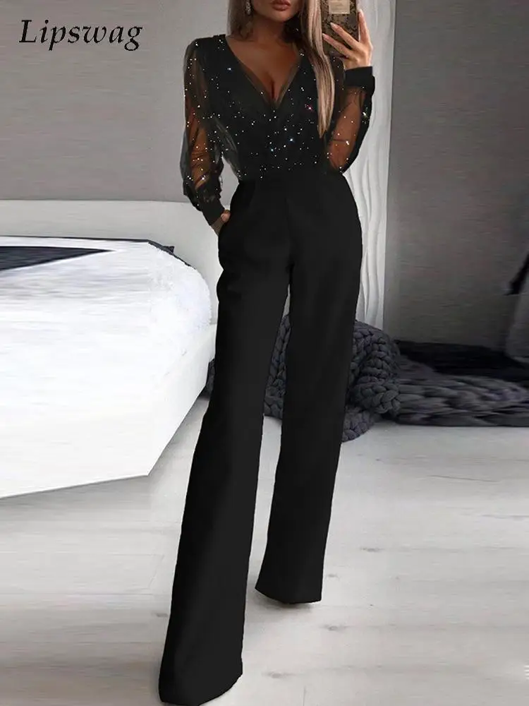 

Women Elegant Patchwork Mesh Lace Jumpsuit Office Lady Casual V Neck Shiny Party Overalls Spring Autumn Fashion One Piece Romper