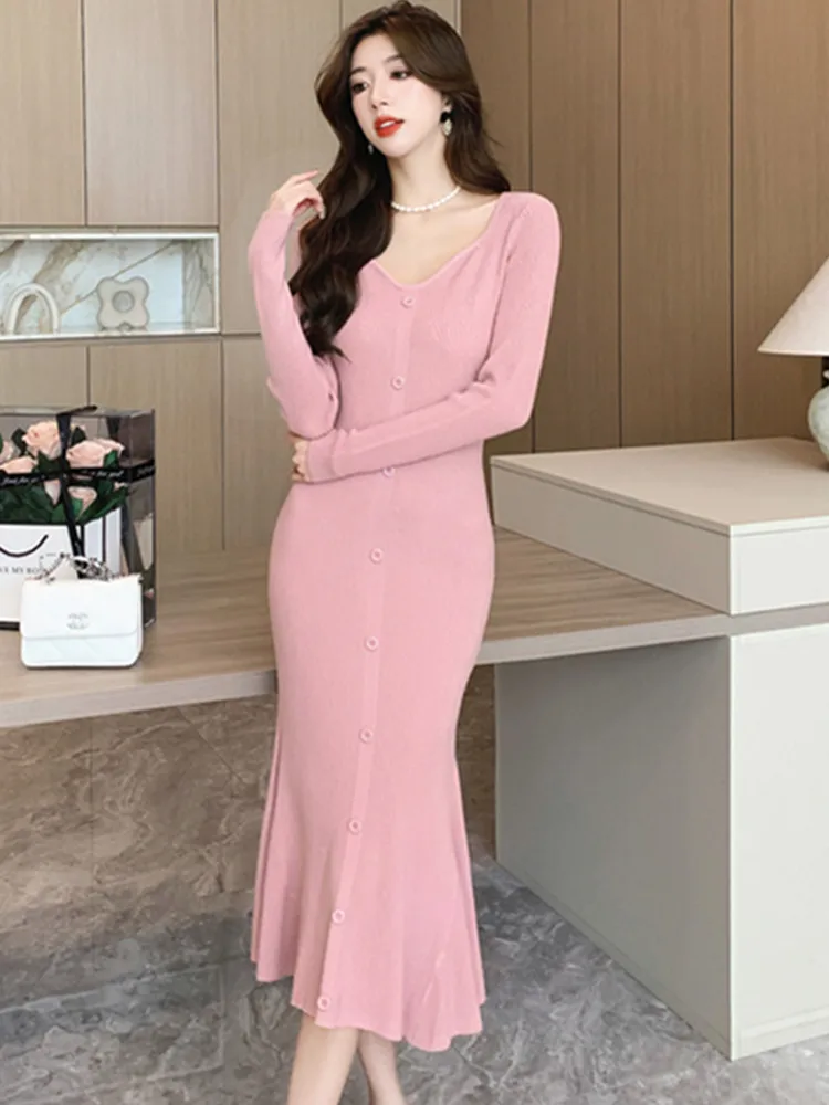

SMTHMA New Autumn Winter Women's Temperament Slim Knitted Dress Ladies Sexy V Neck Long Sleeve Sweater Mermaid Dresses Vestidos