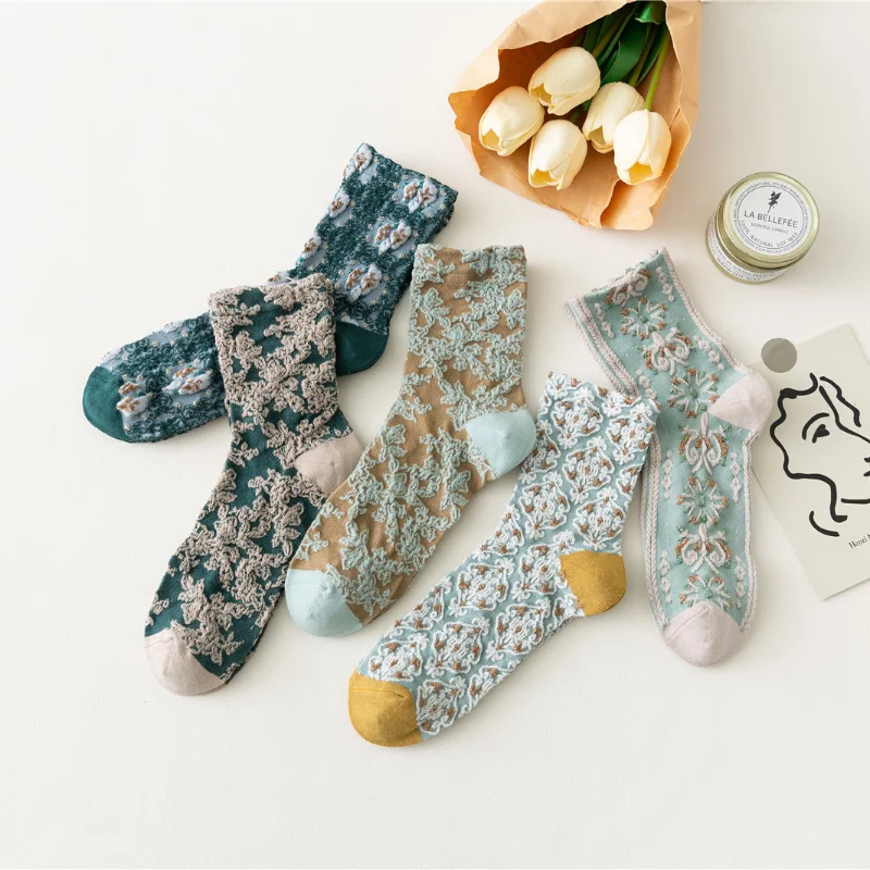 

Socks women's tube Lolita green department retro style floret cotton women's socks national style