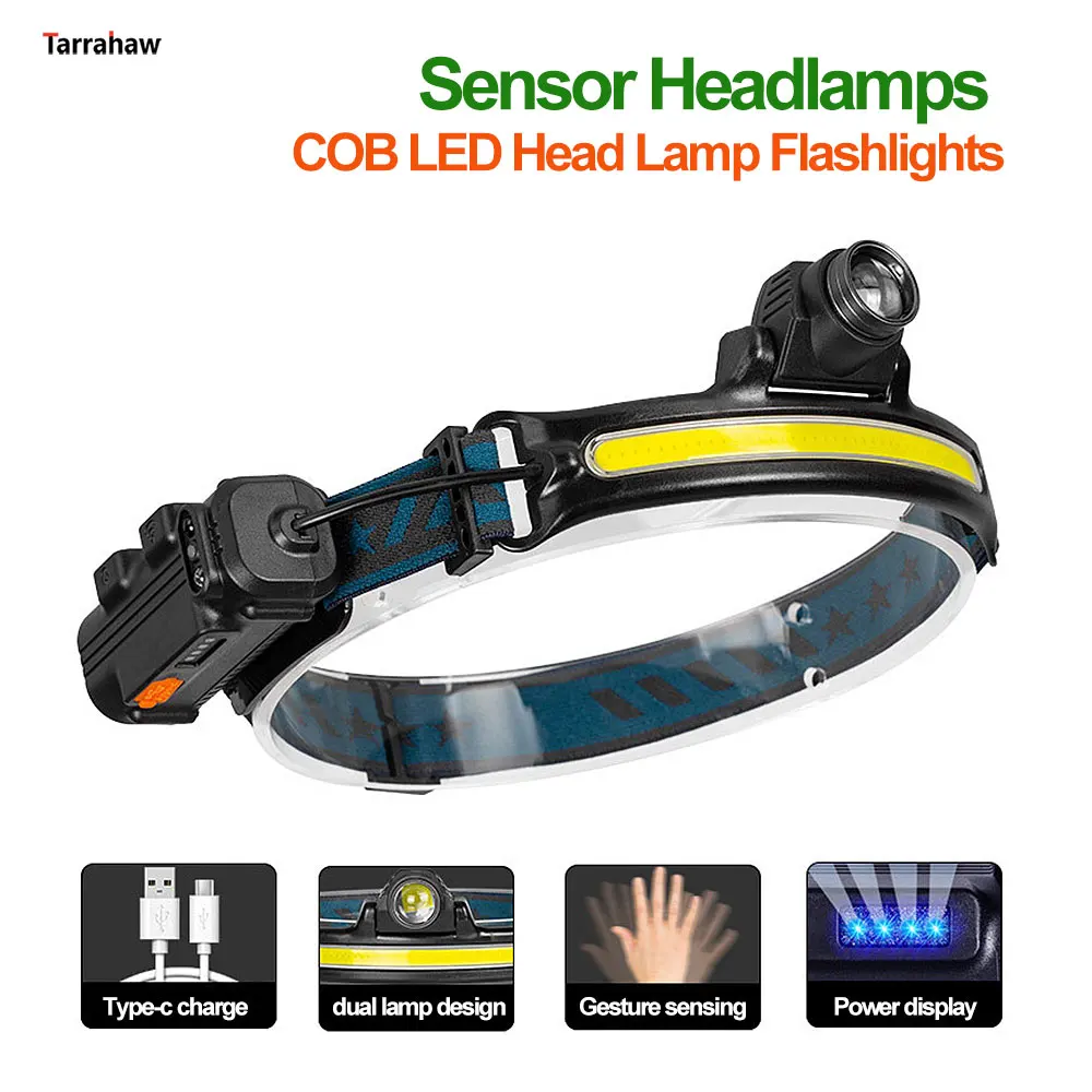 IR Sensor COB Headlamp Powerful USB Lantern Lamp Waterproof LED Headlight Fishing Head Torch 6 Modes 2000mAh 18650 Flashlight