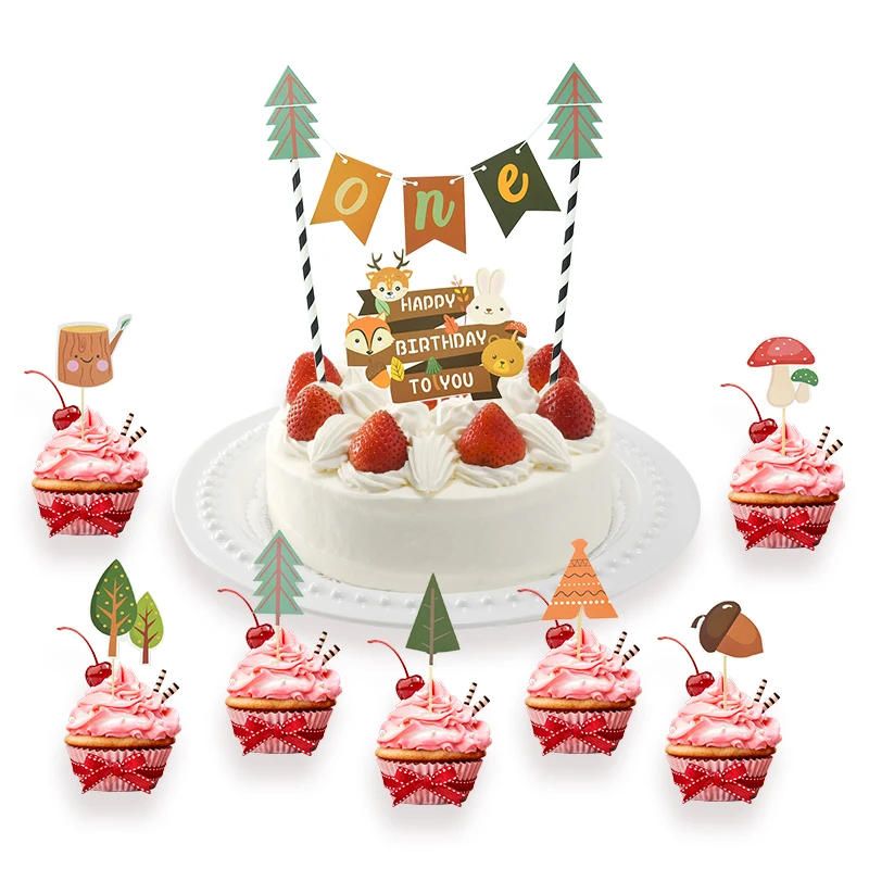 

Cartoon Forest Animal Cake Topper 1st Birthday Party Baby Shower Jungle Squirrel Fox Cupcake Insert Card Flag Home Baking Decor