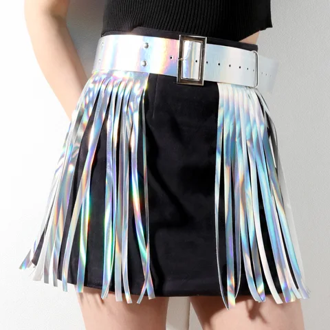 Женская голографическая юбка с бахромой, готическая юбка из искусственной кожи в стиле панк, Женская юбка с бахромой для дискотеки и сцены, для ночного клуба