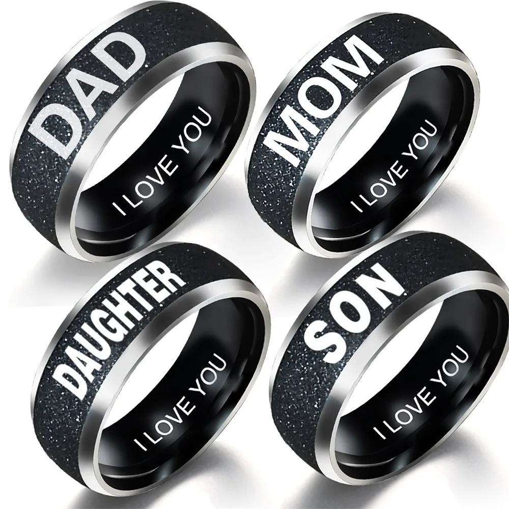 

AsJerlya Engraving Text LOVE MOM DaD SON DAUGHTER Stainless Steel Couple Rings For Women And Man Family Ring Couples Jewelry