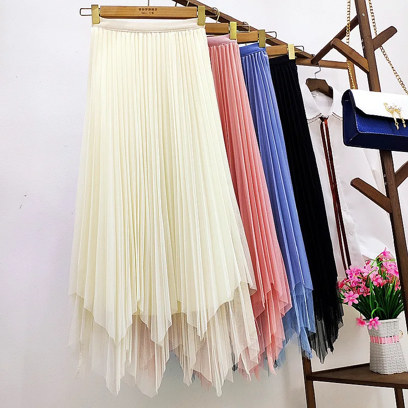 

Irregular Mesh Long Skirts Female 2022 Summer Trendy High Waist A-line Pleated Skirt Solid Color Gauze Dresses for Teenage Girls
