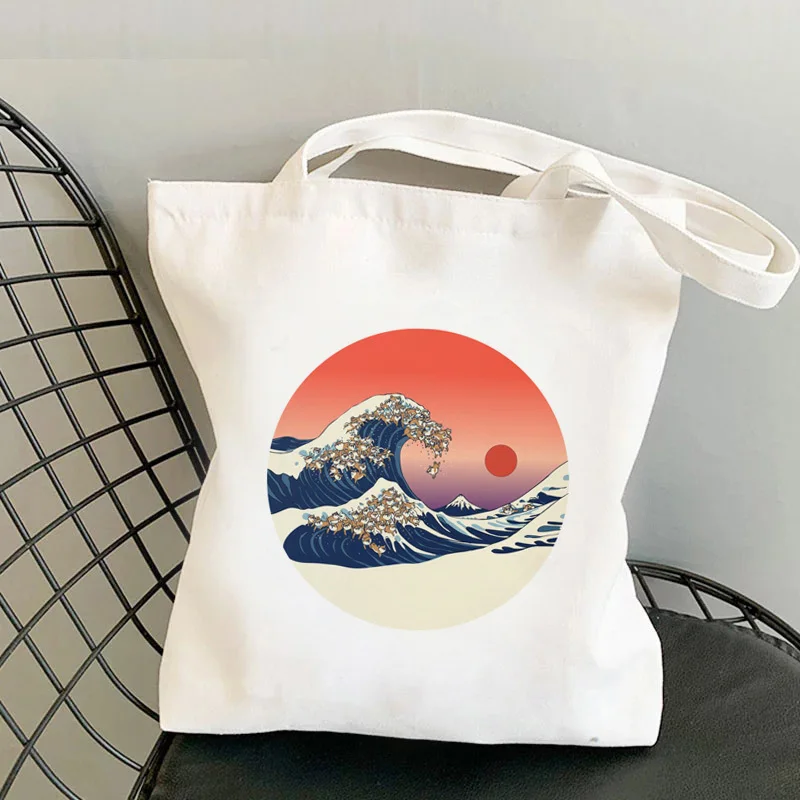 

Shopping Bag Shoulder Tote Canvas Bags Reusable Large Capacity Hand Bag Female Great Wave Kawaii Cartoon Aesthetic Cloth Bag