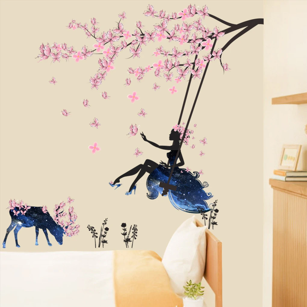 

Цветочные феи качели настенные наклейки Декор для гостиной Съемная Дверь Наклейка ТВ фон водонепроницаемый плакат пейзаж Фреска