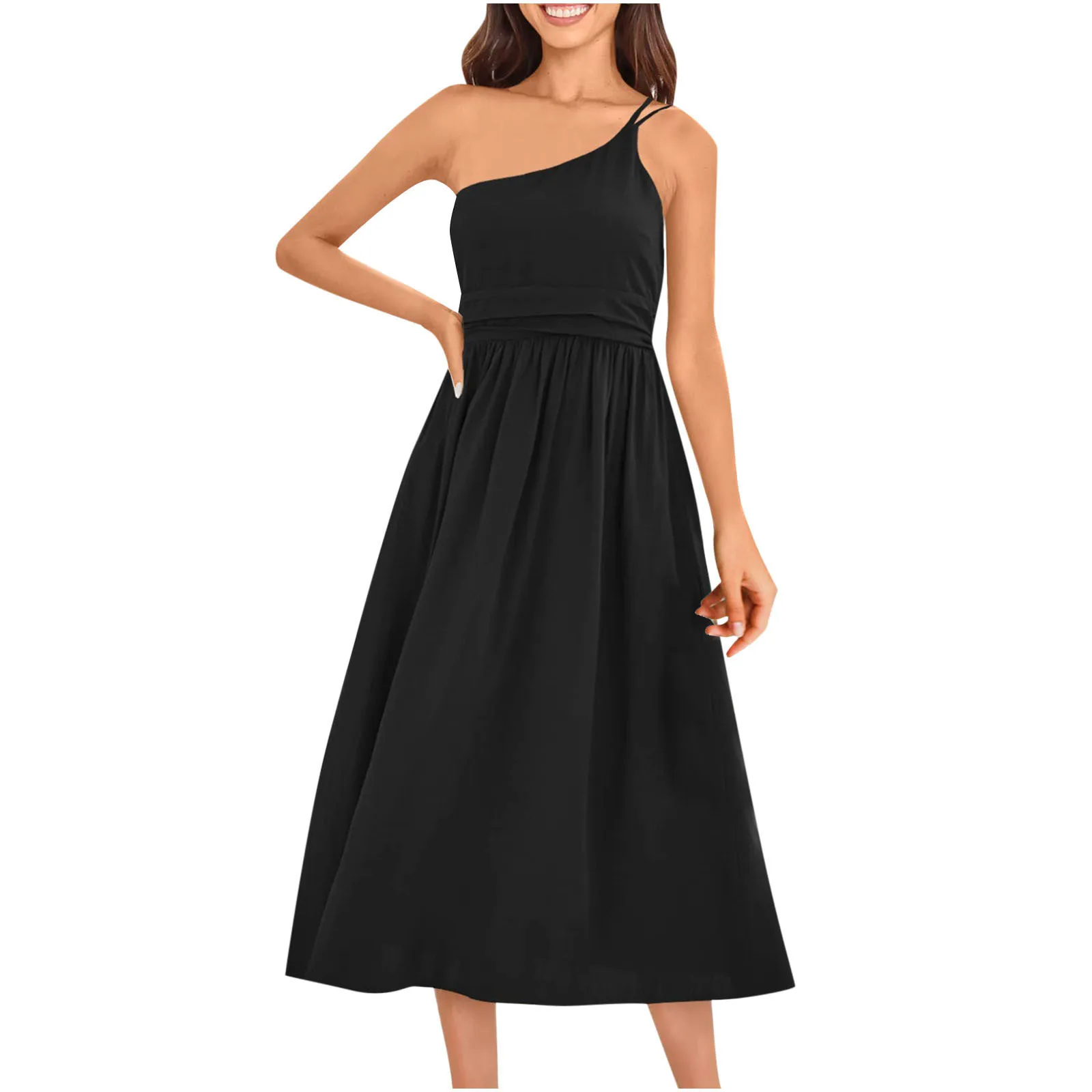 

Women Summer Casual Temperament Solid Color Floral Print Slanted Shoulder Sling Pleated Womens Blue Winter Dress Fitted Slip