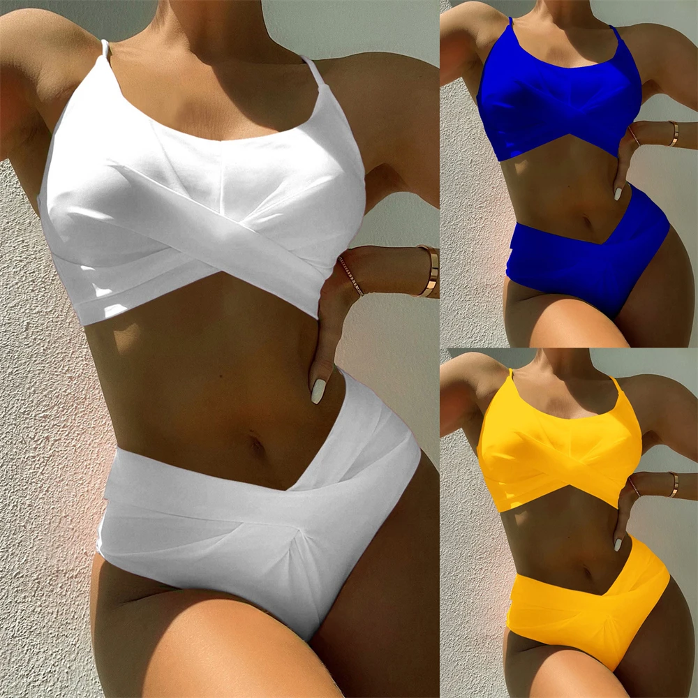 

Women Summer Sexy Solid Swimsuit Push Up Cross Wrap Bra Tank Tops High Waist Shorts Swimwear Set Beachwear Swimming Bathng Suit