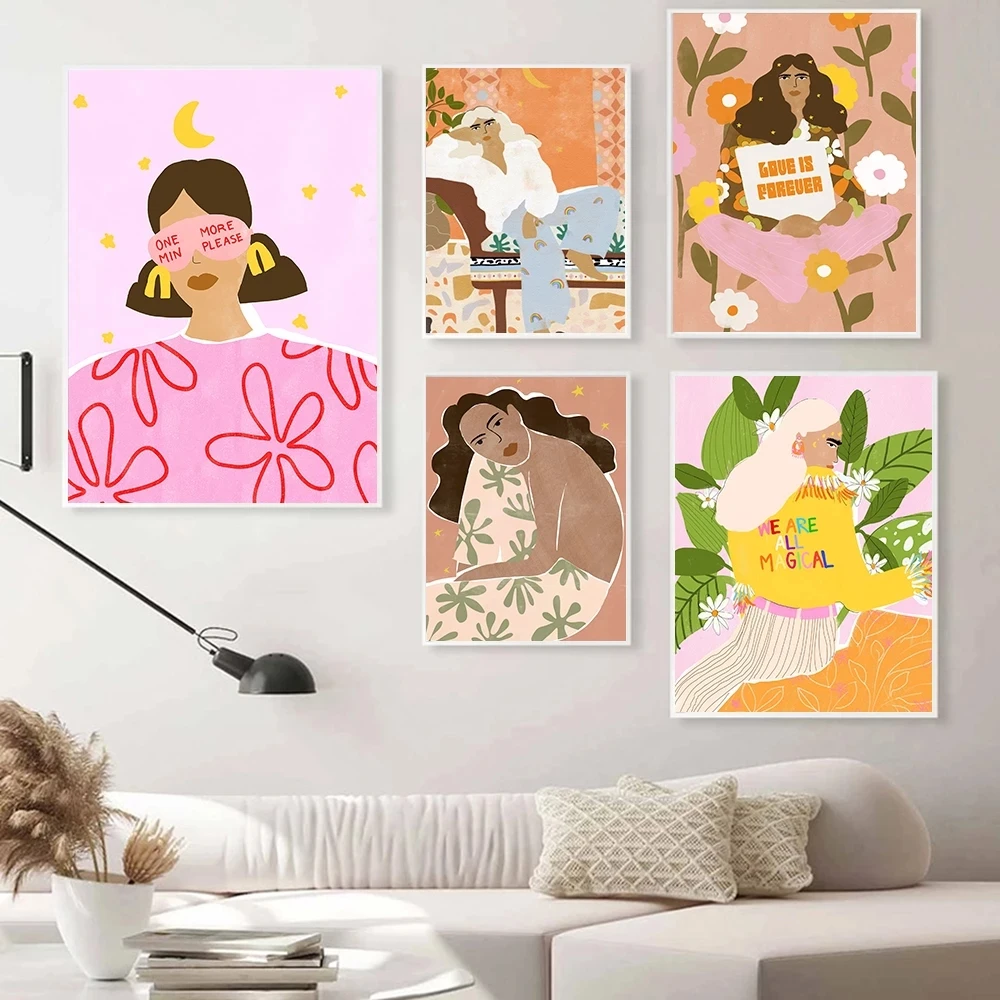 

Vintage Colorful Plant Leaf Flower Girl Wall Art Canvas Painting Nordic Posters And Prints Wall Pictures For Living Room Decor