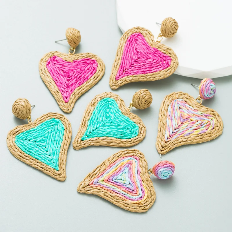 

Bohemian Raffia Rattan Love Pendant Earrings Stylish Beach Style Hand-woven Colorful Earrings Jewelry Gift