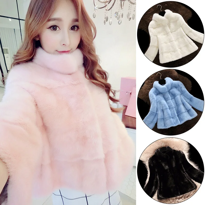fox fur short coats white Women Winter autumn Faux Fur Coat Long Sleeve Solid Color Blue White Pink  2XL Ladies Outerwear