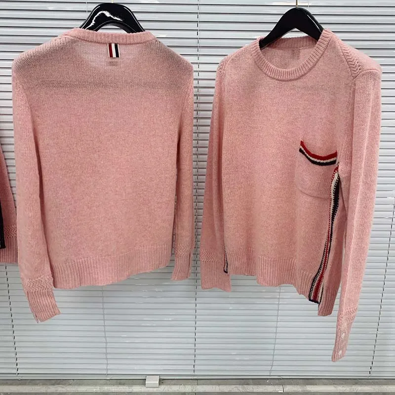 TB THOM Men's Pullover Sweater 2022 New Style RWB Knitted Striped Pullover Vintage Business Causal Korean Style Women Streetwear