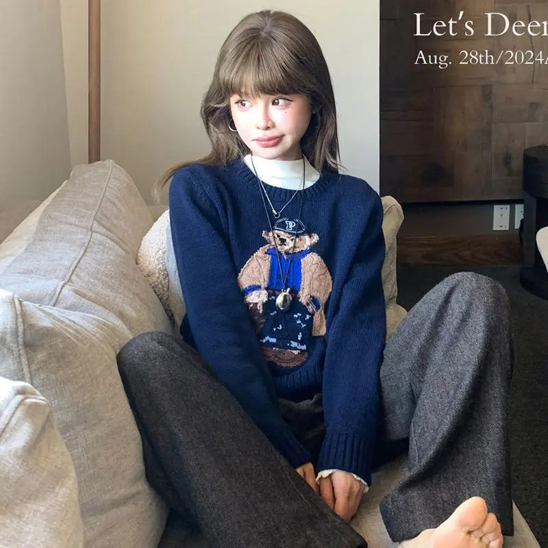 Новый осенний вязаный свитер женский милый медведь с вышивкой круглый вырез