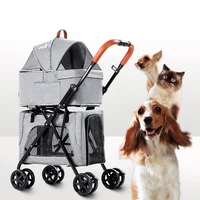 double layer pet stroller pets trolley carrier portable foldable four wheeled detachable handbag cage bag for small dogs cats