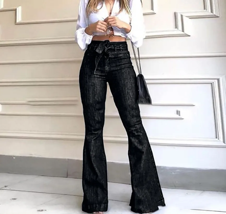 

Spring Summer Slim Fit Bell-Bottoms High Waist Lace-up Flared Trouser Fashion OL Women's Solid Color Long Jeans Pants