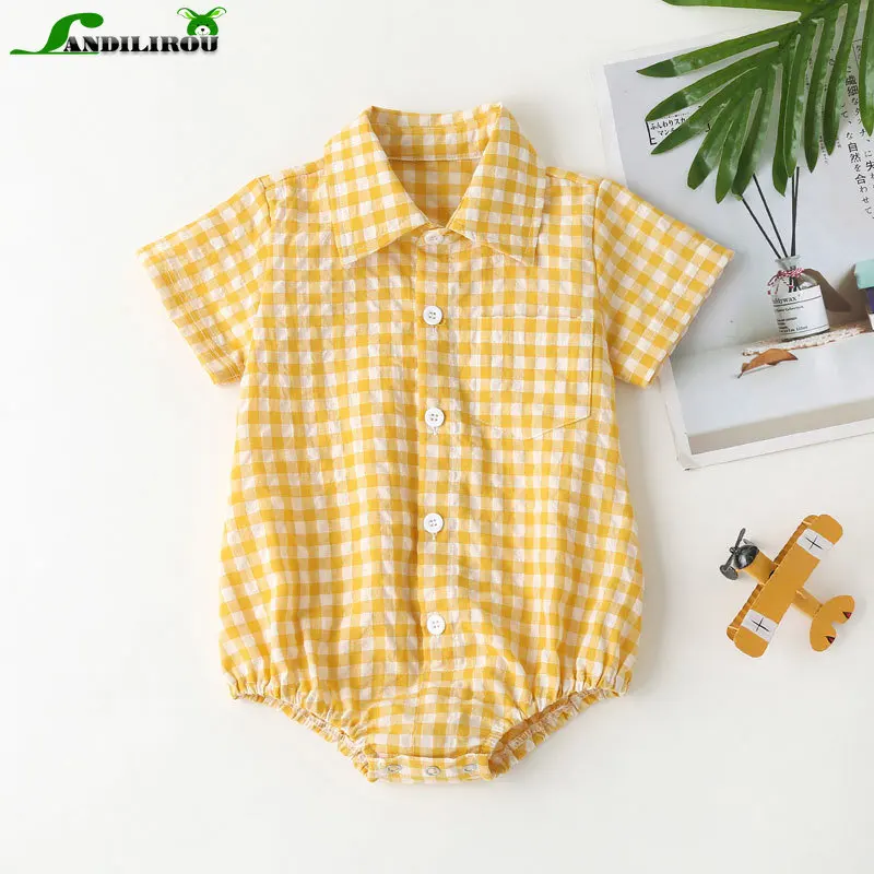 

2023 Summer In Kids Baby Girls Boys Short Sleeve Plaid Single-brasted Outwear Jumpsuits Infant Toddler One-pieces Bodysuits 유아복