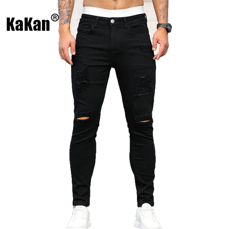Kakan - High Quality Men's Stretch Tight-fitting and Holed Jeans with Small Legs, New Long Black Jeans K05-152 Spring and Autumn