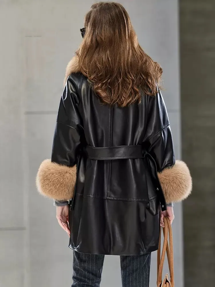 Женское зимнее пальто из натуральной кожи с воротником лисьего меха